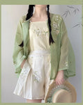 Improved Hanfu Shorts Set | Embroidered Floral Shirt & Suspender | Modern Chinese Summer Outfit