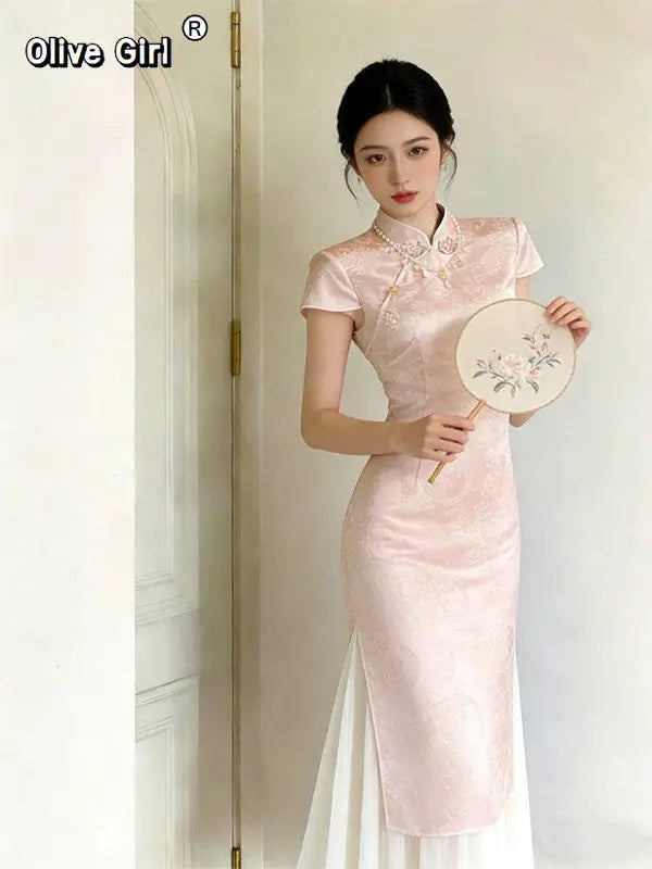 Olivegirl Chinese Jacquard Fake Two Pink Cheongsam Dresses Qipao for Women 2026 Summer Young Style Daily Women's Outfits