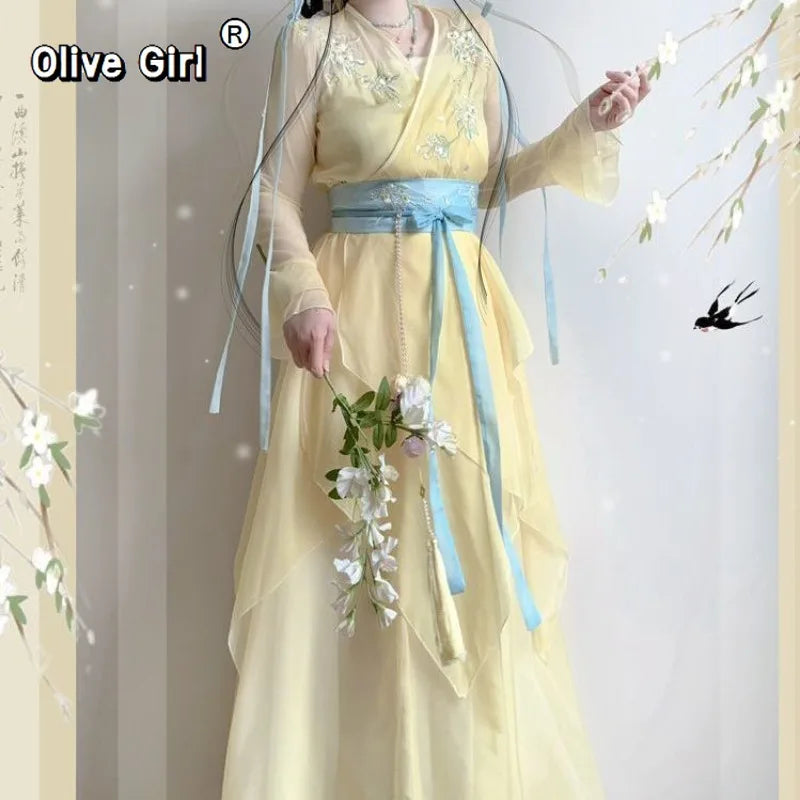 Olivegirl Hanfu Dress Embroidered Flower Chiffon Elegant Fairy Costume Original Long Style Daily Ancient Set Summer Cosplay