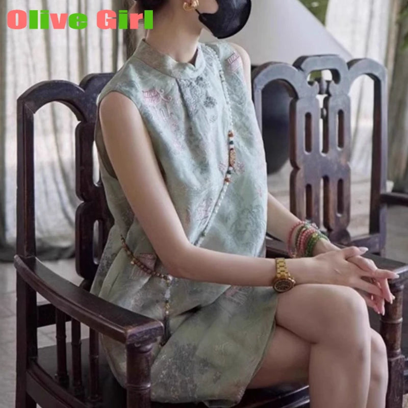 Improved Chinese Style Cheongsam Dress Summer Plus Size Women's Clothing Embroidery Qipao Long Floral Sleeveless Vest Dress