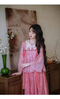 Olive Girl Pink Shirt Embroidery Blouse Chiffon Summer Top Sweet Elegant Pink Shirt Floral Print Women's Skirt Outfits Clothing