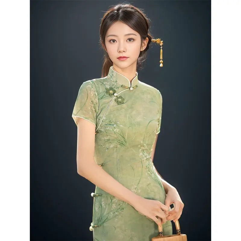 Green Dress Traditional Chinese Cheongsam Short Sleeve Retro Young Girl Improved Cheongsam Modern Summer 2024 Women's Clothes