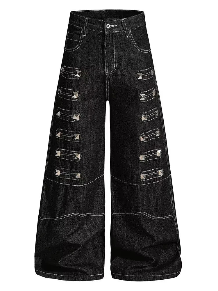 Olivegirl 2026 Women's Jeans Trousers Women Straight Trousers Gothic Y2K American Patchwork Rivet Design Black Loose Streetwear