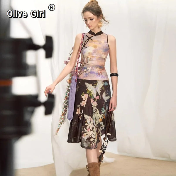 Olivegirl Vintage Elagant Women's Outfits Sets Butterfly Floral Skirt and Top 2 Piece Set 2026 Summer Cool Girl Female Clothes