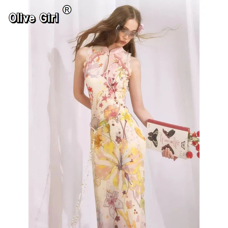 Olivegirl High End Dress Chinese Gradient Printed Sleeveless Lace Cheongsam Qipao Slim Sexy Long Dresses Women's Clothes