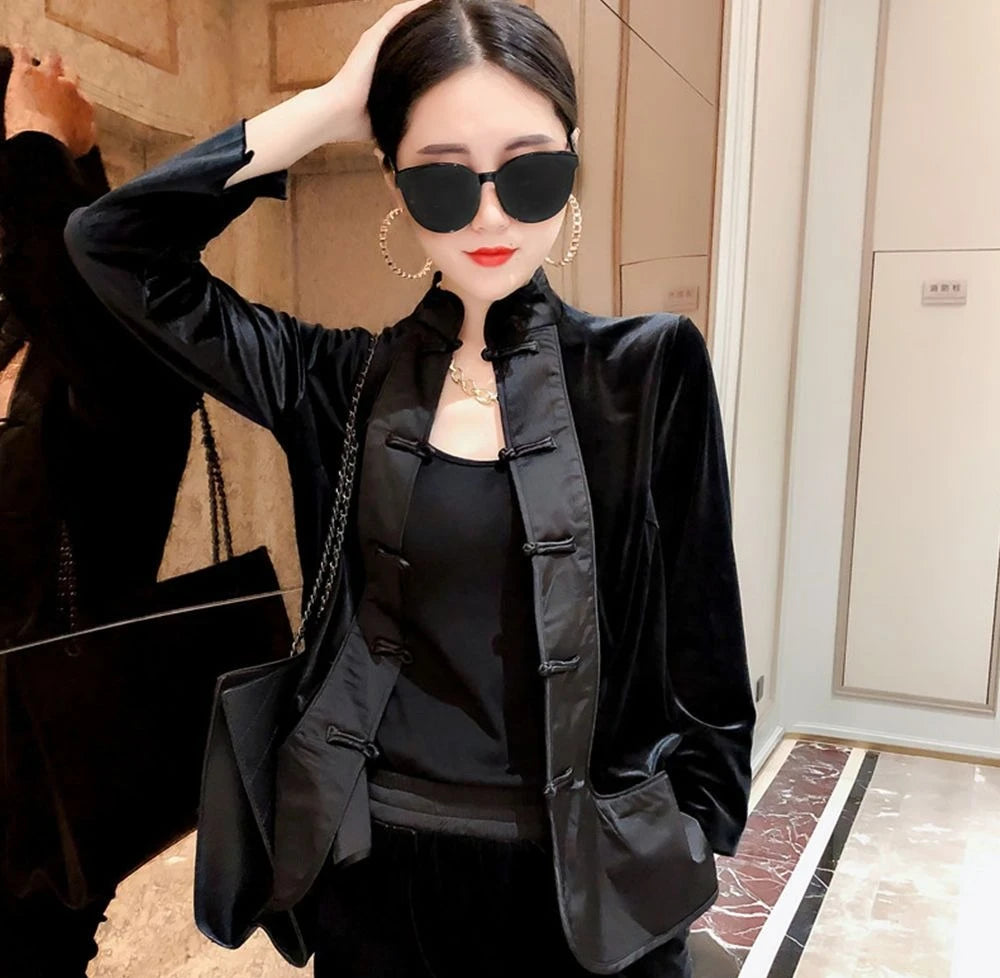 Fashion Gold Velvet Set Women's Plate Buckle Splicing 2026 Spring New Style Retro Style Coat Women's Clothing