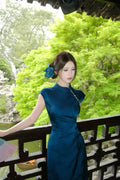 Olivegirl Chinese Peacock Blue Satin Jacquard Dress Qipao Women Summer 2026 Sexy Beautiful Tight Improved Cheongsam Dress