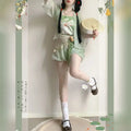 Olivegirl Hanfu Dresses Women's Song Style Green Short Shirt Flower Bud Pants Skirt Shorts Set Daily Summer Style