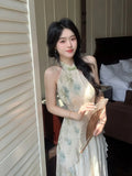 Green Cheongsam Elegant Cardigan Chinese Traditional Dress Qipao Chiffon Print Irregular Forest Dress Fairy Fashion Set