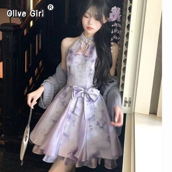 Retro Women's Dress Neck Hanging Cheongsam Dress Qipao Printed Bow Tie Outerwear Cardigan Camisole Traditional Chinese Clothing
