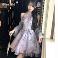 Retro Women's Dress Neck Hanging Cheongsam Dress Qipao Printed Bow Tie Outerwear Cardigan Camisole Traditional Chinese Clothing
