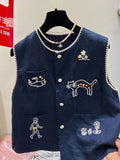 Olivegirl Fashion Retro Vest Top Sleeveless Shirt Navy Round-Neck Waistcoat Vest Summer 2026 High-End Loose Versatile Chic Top