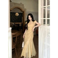 2026 Qipao Dress Chinese Jacquard Waist Improved Cheongsam Elegant Temperament Fishtail Dress Daily Wear