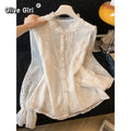 Olivegirl Women's Shirt Blouse High-end Jacquard Embroidery Beaded Lace Long Sleeved Shirt for Spring and Summer