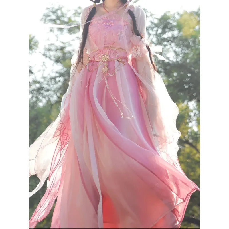 Olivegirl High-end Hanfu Pink Dress Embroidered Flowers Flowing Waist-Length Dresses Modified Fairy Tale Hanfu Women Cosplay