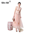 Olivegirl 2026 Summer Women's Outfits Chinese Style Beautiful Embroidered Shirt Top Mesh Half Skirt Set Female Clothing