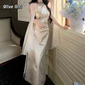 Olivegirl 2026 Summer Women's Dress Elegant Phantom Sheer Wrap Jacquard Qipao Cheongsams Open-Back Cutout Embroidered Shawl Set