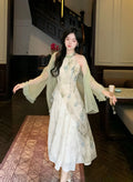 Green Cheongsam Elegant Cardigan Chinese Traditional Dress Qipao Chiffon Print Irregular Forest Dress Fairy Fashion Set