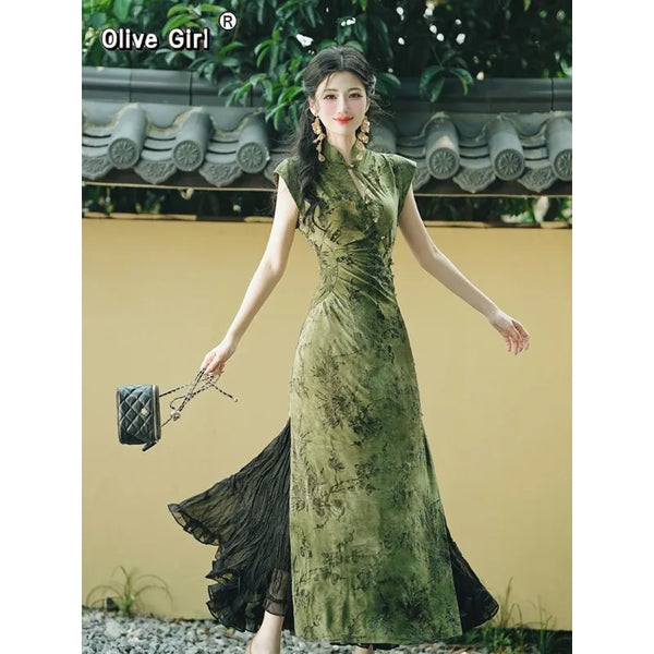 Olivegirl Women's Dress Qipao 2026 Green Cheongsam High End Elegant Young Chinese Retro Daily Summer Clothing
