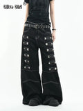 Olivegirl 2026 Women's Jeans Trousers Women Straight Trousers Gothic Y2K American Patchwork Rivet Design Black Loose Streetwear