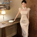 Olivegirl High-end Dress Delicate Lace Flared Sleeves Retro Patchwork Slimming High Slit Youthful Summer Women's Dress 2026