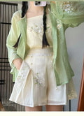 Improved Hanfu Shorts Set | Embroidered Floral Shirt & Suspender | Modern Chinese Summer Outfit