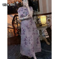 Embroidered Dress 2026 Purple Chinese Dress Qipao Printing Flower Slim Temperament Elegant Chinese Women Buckle Cheongsams