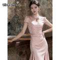 Olivegirl Pink Dresses Jacquard Fish Tail Chinese Women's Clothing 2026 Summer Retro Elegant Qipao Butterfly Cheongsam