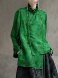 2025 Green Shirt Top Jacquard Fabric Elegant High End Petal Sleeves Chinese Traditional Clothing Women's Blouse Shirt Women