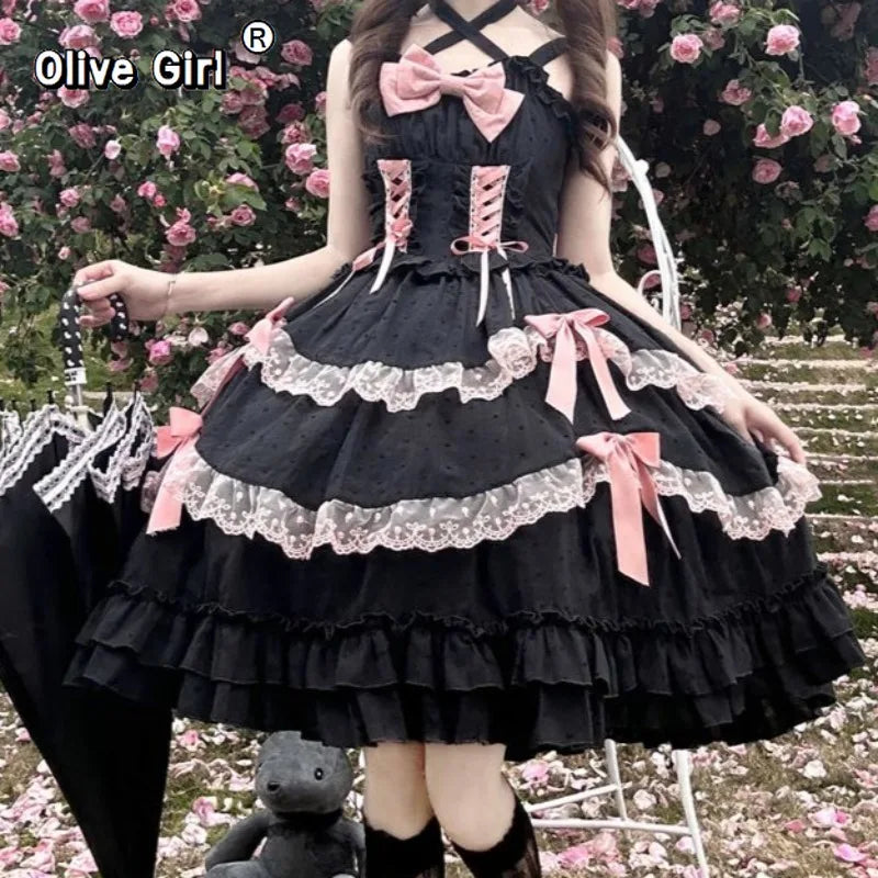 Olivegirl Harajuku Lolita Gothic Halter Dresses JSK Sexy Off Shoulder Long Sleeve Vestidos Mujer 2026 Slim Waist Bow Dress