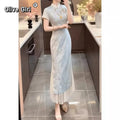 Olivegirl 2026 Chinese Dress Qipao Cheongsams Dyed Jacquard Waist Cinching Embroidery Dress Mesh Splicing Long Dress