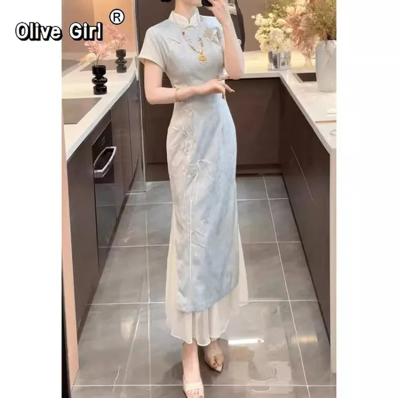 Olivegirl 2026 Chinese Dress Qipao Cheongsams Dyed Jacquard Waist Cinching Embroidery Dress Mesh Splicing Long Dress