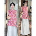 Olive Girl Top Oversized Women's Clothing Summer Large Size Chinese Traditional Jacquard Sleeveless Top Loose Wide Leg Pants