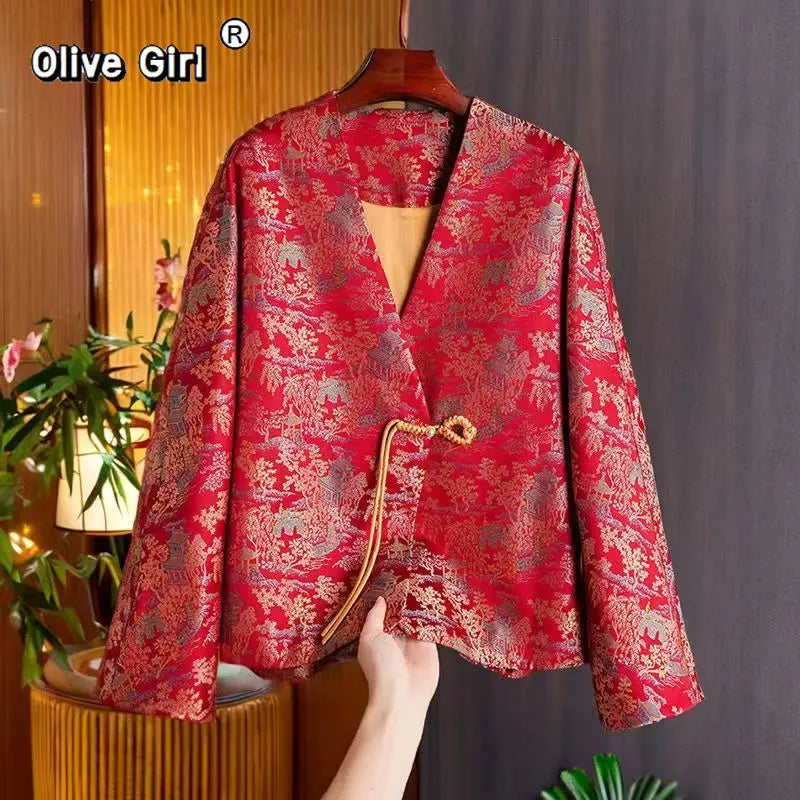 Olivegirl Red Hanfu Loose Jacket Women's Clothing 2026 Spring New Year Embroidery Jacquard Traditional Chinese Coat Jacquard