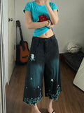 Olivegiel High Waist Cute Cartoon Cat Embroidery Denim Jean Women's Trouser Vintage Y2k Clothes Calf Length Denim Pants Harajuku
