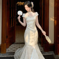 Olivegirl High End Dress Elegant Sweet 2026 Jacquard Lace Patchwork Slim Fish Tail Dresses Qipao Cheongsam Spring Summer Retro