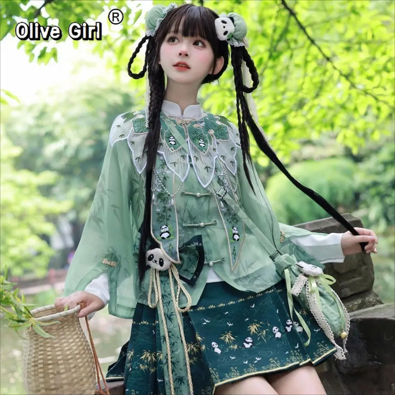 Original Hanfu Chinese Dress Lolita Panda Bamboo Cute Horse Face Skirt Embroidery Cosplay Party Princess