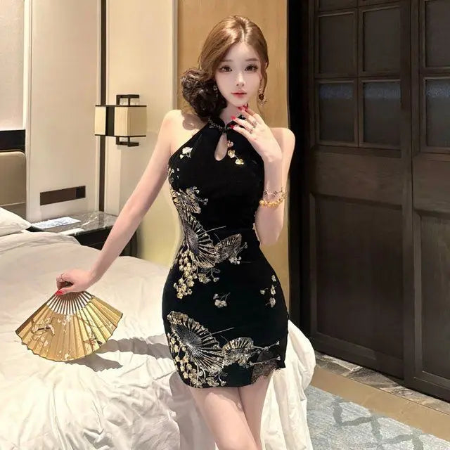 Olivegirl High-end Luxury Draped Sequin Dress Retro Chinese-style Waist-accentuated Slim Sexy Cheongsam Qipao 2026 Summer Dress