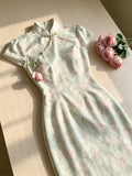 Olivegirl Cheongsam Dress Qipao Elegant Tulip Flower Lace Up Jacquard Floral Pattern Chinese Gentle and Elegant Long Dresses