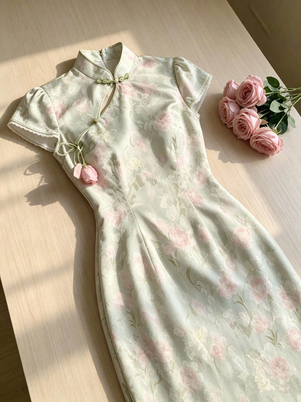 Olivegirl Cheongsam Dress Qipao Elegant Tulip Flower Lace Up Jacquard Floral Pattern Chinese Gentle and Elegant Long Dresses