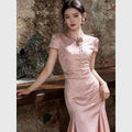 Olivegirl Pink Dresses Jacquard Fish Tail Chinese Women's Clothing 2026 Summer Retro Elegant Qipao Butterfly Cheongsam