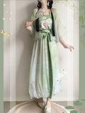 Olivegirl Hanfu Dresses Women's Song Style Green Short Shirt Flower Bud Pants Skirt Shorts Set Daily Summer Style