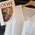 Olivegirl White Strappy Top Women's Shirt Embroidery V-Neck Linen Strappy Top Women's Summer 2026 Loose Fit Sleeveless Shirt