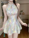 Olivegirl Chinese Dress Sexy Qipao Lace Flower Rainbow Plus Size Suspender Dress Cardigan Women's Clothing Fairy Cheongsam