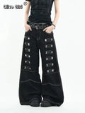 Olivegirl 2026 Women's Jeans Trousers Women Straight Trousers Gothic Y2K American Patchwork Rivet Design Black Loose Streetwear
