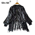 Olivegirl Europese American Sequined Tassel Coat Tops Dance Show Party Medium Loose Jacket High Street Women Clothing