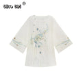Olivegirl Chinese Embroidery Flower Shirt Pleated Skirt Short Improved Round Neck Top Women's Outfits Clothing