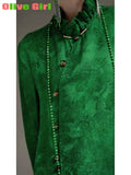 2025 Green Shirt Top Jacquard Fabric Elegant High End Petal Sleeves Chinese Traditional Clothing Women's Blouse Shirt Women