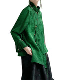 2025 Green Shirt Top Jacquard Fabric Elegant High End Petal Sleeves Chinese Traditional Clothing Women's Blouse Shirt Women