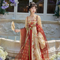 Chinese Hanfu Dresses Fairy Spring Summer Tang-Style Hanfu Dress Set Front Overlapping Large Sleeves Embroidery and Leaf Print